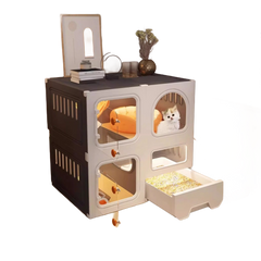 Homelements Cat Villa with Litter Box Integrated Home Indoor Pet Cage Cat Fence Cat Tree and Cat Toilet in One Small-sized Space-saving Cat Cabinet