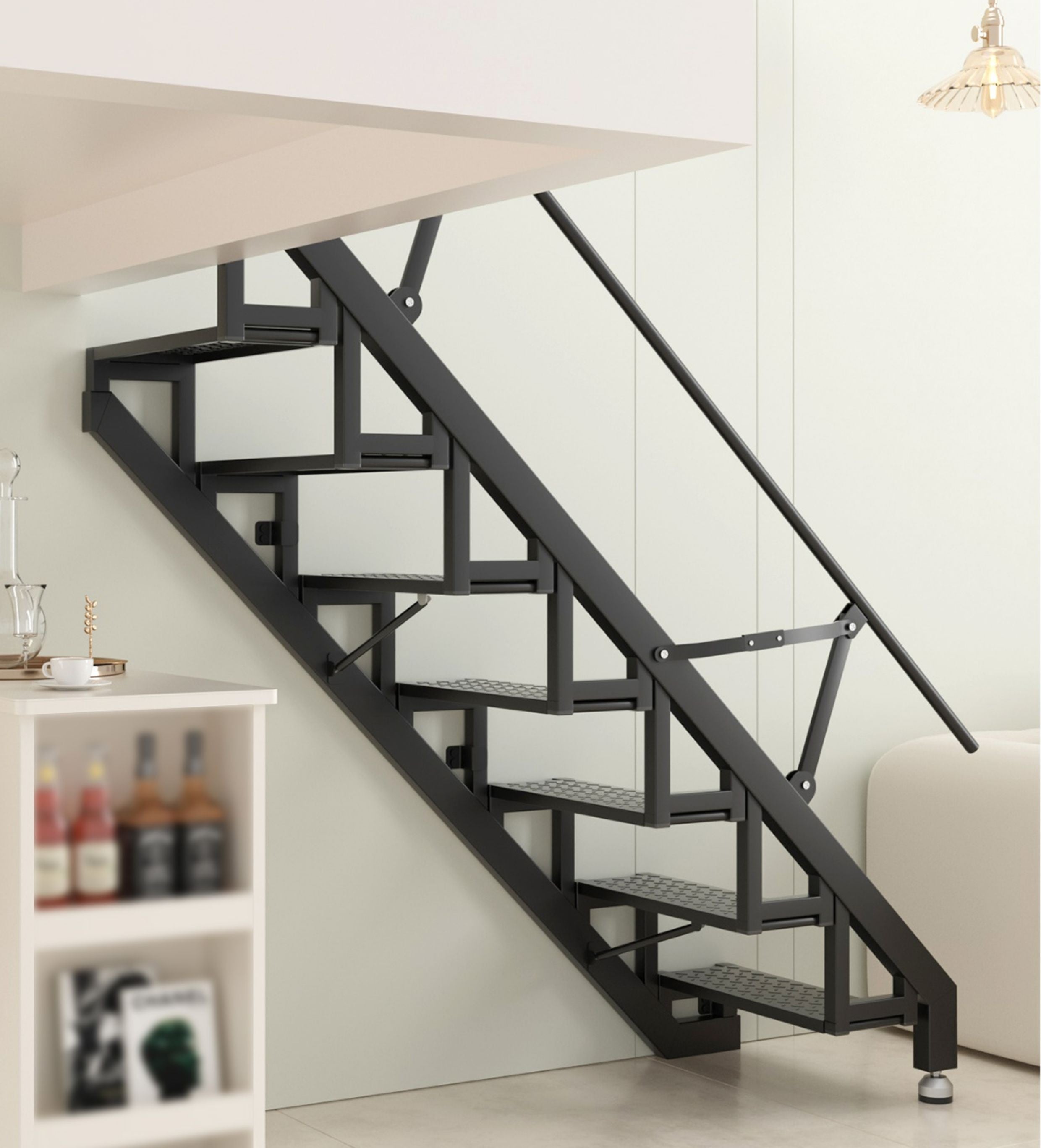 Folding Staircase Against The Wall Attic Garage Carbon Steel Welding Expansion Screw Fixation Indoor and Outdoor Ladders