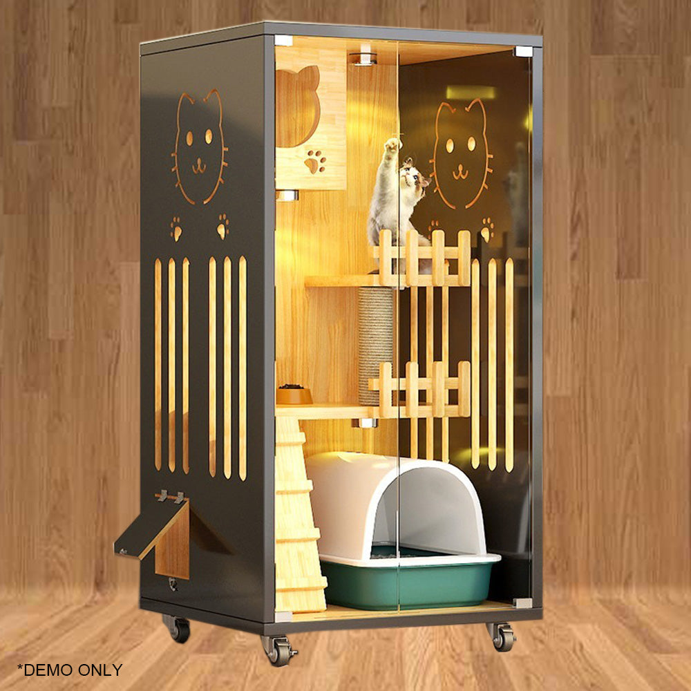 Homelements Solid Wood Luxury Wooden Cat Villa Cat House Home Indoor  Solid Wood Sisal  Post Cat Climbing Frame Cat Bridge Cat House Cat House Large Space Pet Cage Multi-Feature Enclosed Cat Condo Wooden Pet House Cat with Scratching Post Wheels