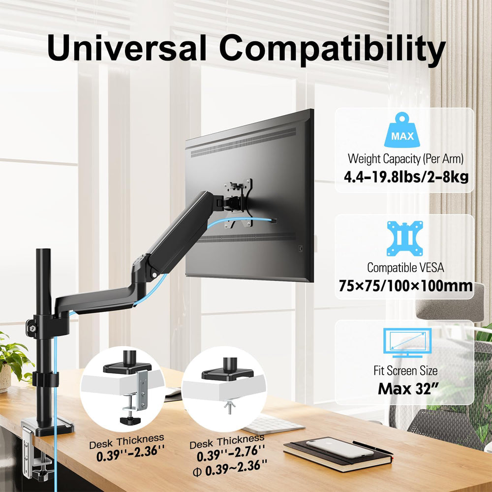 Homelements Gas Spring Dual Desktop Single Monitor Stand Arm Bracket Articulating Single Stand - SY-MA06