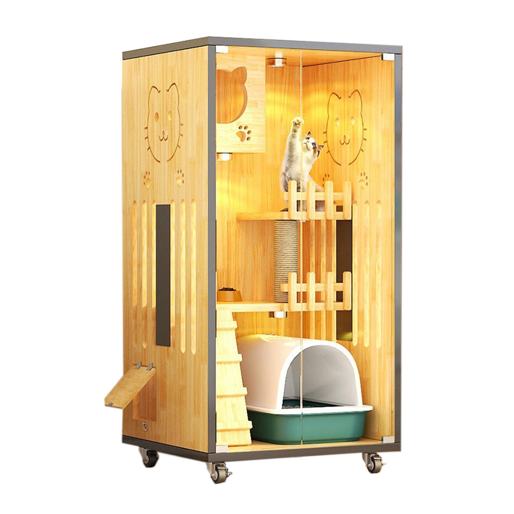 Homelements Solid Wood Luxury Wooden Cat Villa Cat House Home Indoor  Solid Wood Sisal  Post Cat Climbing Frame Cat Bridge Cat House Cat House Large Space Pet Cage Multi-Feature Enclosed Cat Condo Wooden Pet House Cat with Scratching Post Wheels