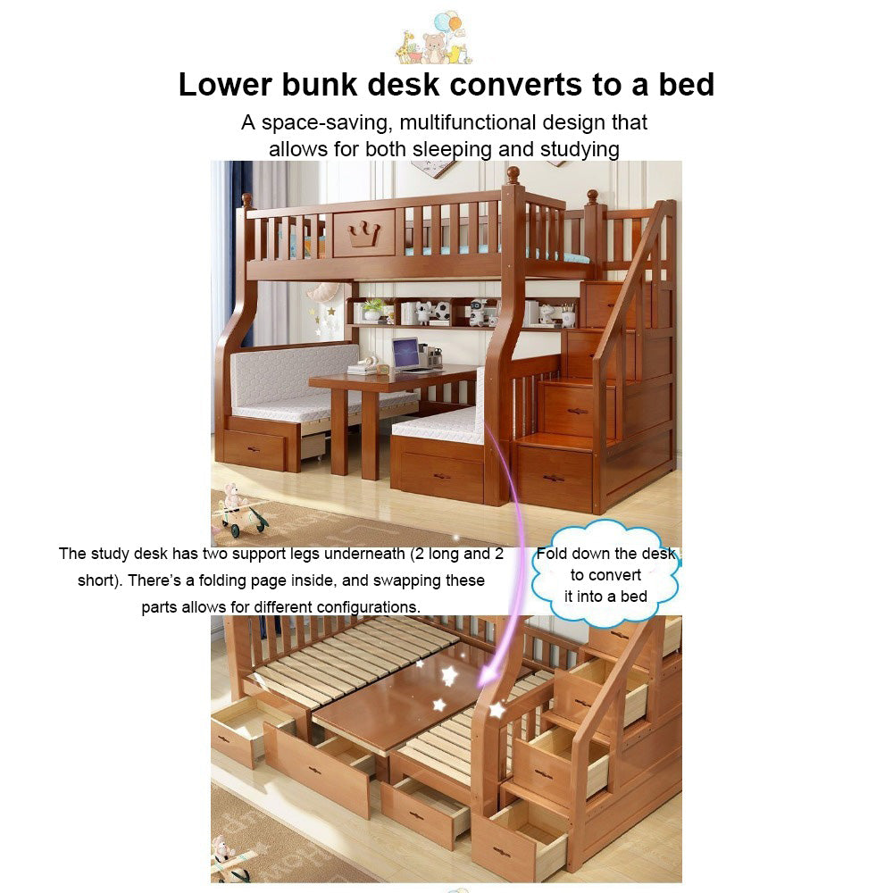 Homelements Oak Bunk Bed with Desk High and Low Bed Two-layer Bunk Bed Full Solid Wood Children's Bed Adult Mother and Child Bed