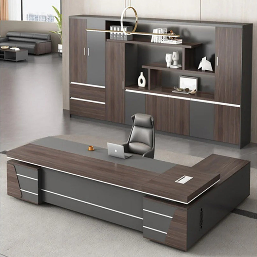 Homelements 2.4M L-Shape Contemporary Office Desk With Locking Drawer Executive Desk – Walnut&Brown