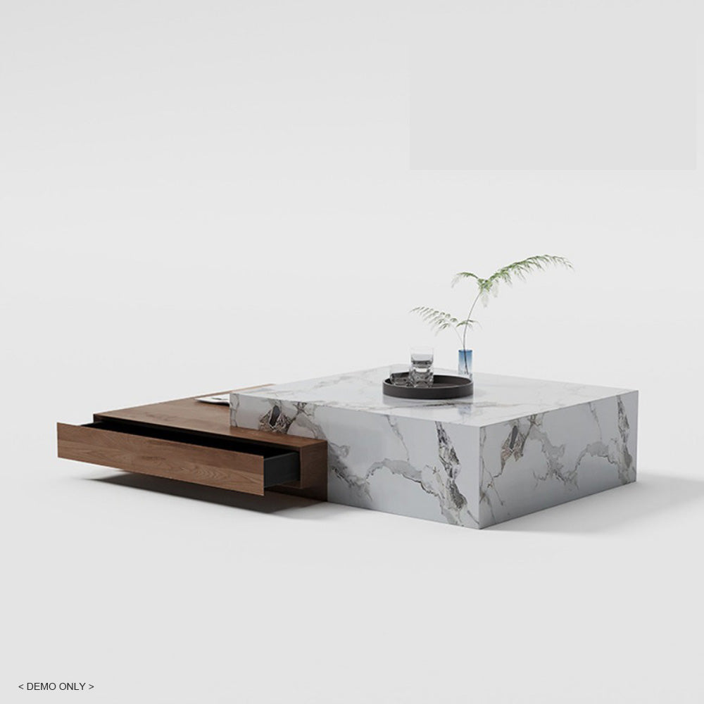 Homelements Square Stone Slab Coffee Table with Solid Wood Storage Cabinet Modern and Minimalist for Small Spaces Italian-style Light Luxury Living Room Furniture Set