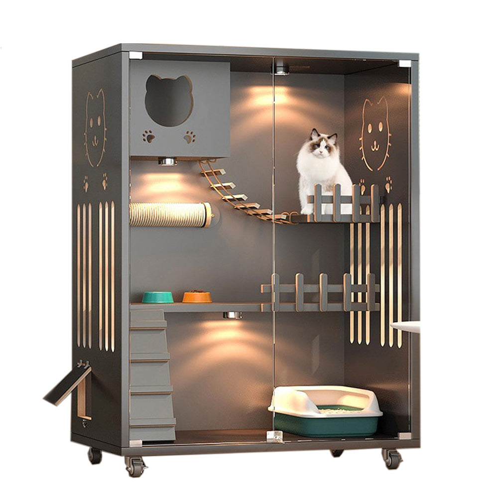 Homelements Solid Wood Luxury Wooden Cat Villa Cat House Home Indoor  Solid Wood Sisal  Post Cat Climbing Frame Cat Bridge Cat House Cat House Large Space Pet Cage Multi-Feature Enclosed Cat Condo Wooden Pet House Cat with Scratching Post Wheels
