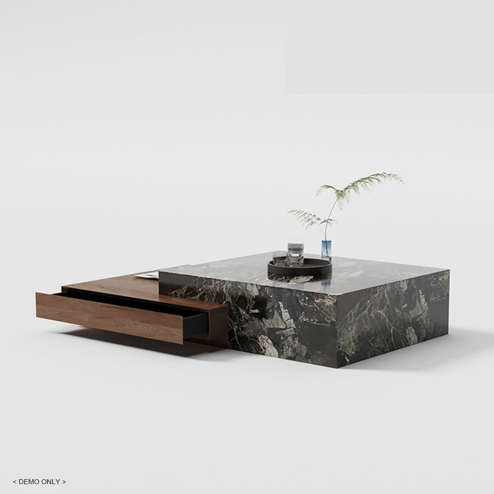 Homelements Square Stone Slab Coffee Table with Solid Wood Storage Cabinet Modern and Minimalist for Small Spaces Italian-style Light Luxury Living Room Furniture Set