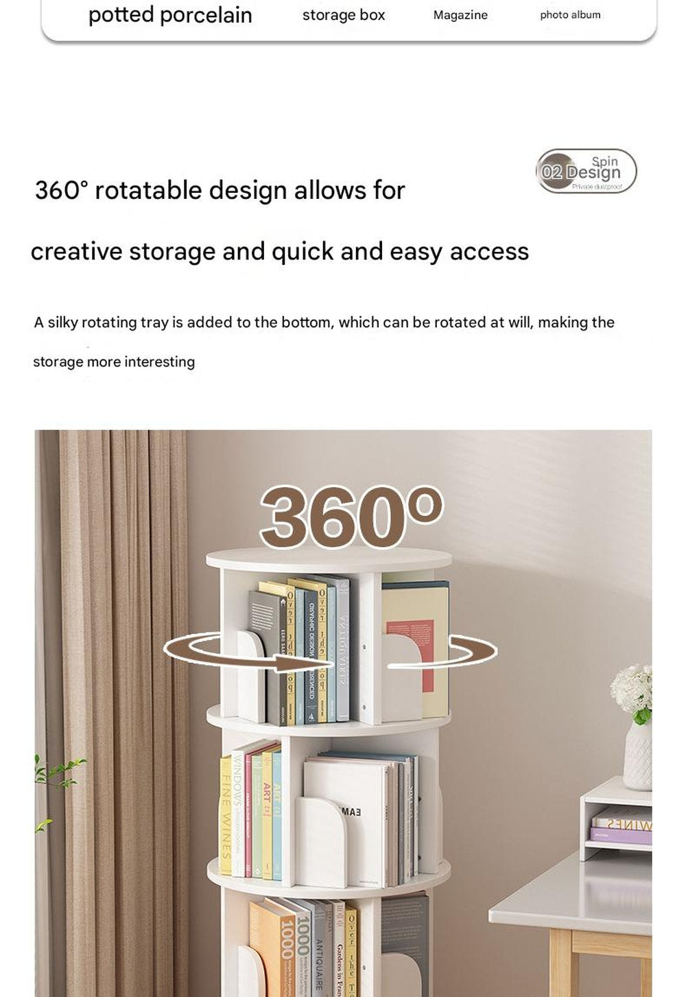 Rotating Bookshelf 360-degree Bookcase Round Vertical Floor Bookshelf Household Space Saving