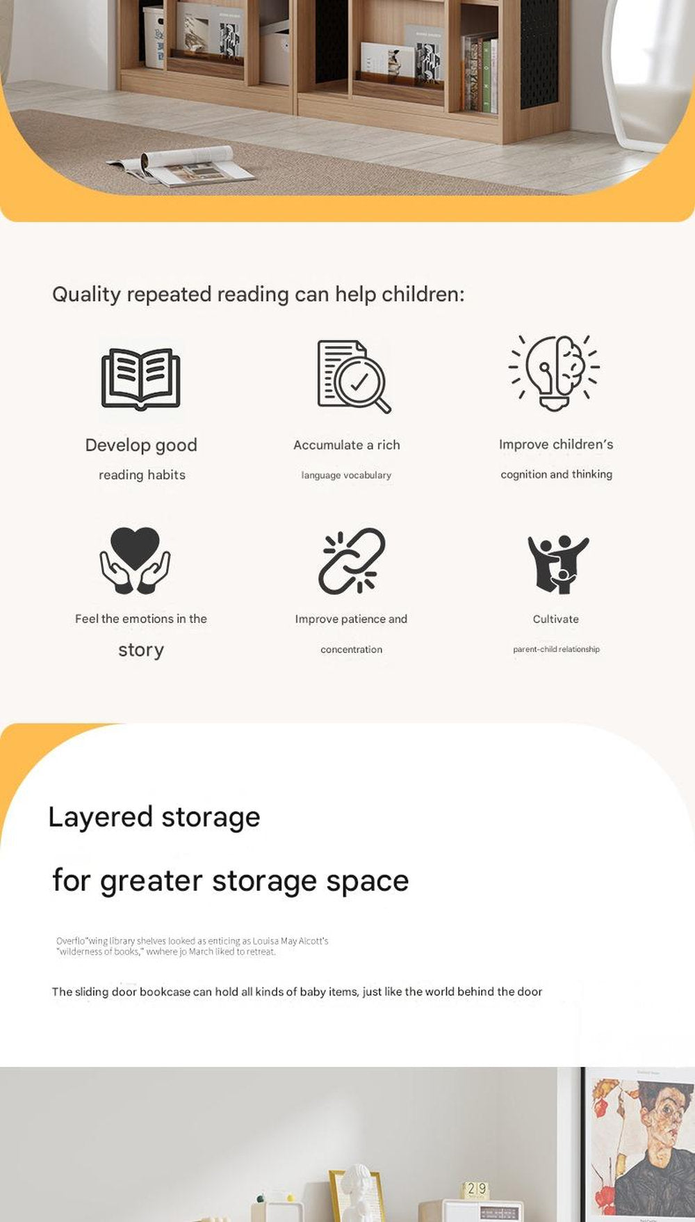 Children's Bookshelf Solid Wood Picture Book Shelf Floor Shelf Baby Reading Area Multifunctional Sliding Door Bookcase