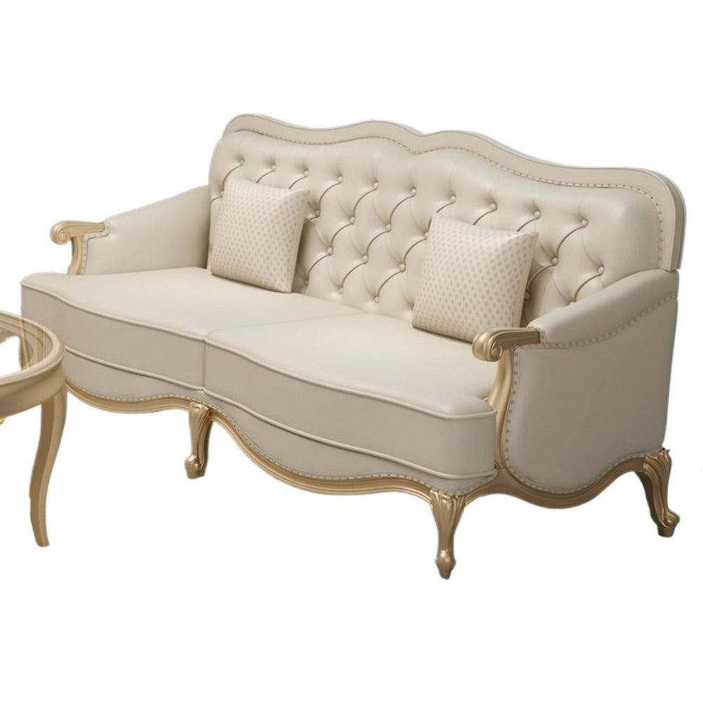 Homelements American Luxury Sofa Modern European Style with Gold Metal and Solid Wood Living Room Furniture 1+2+3 Seat Genuine Leather Sofa