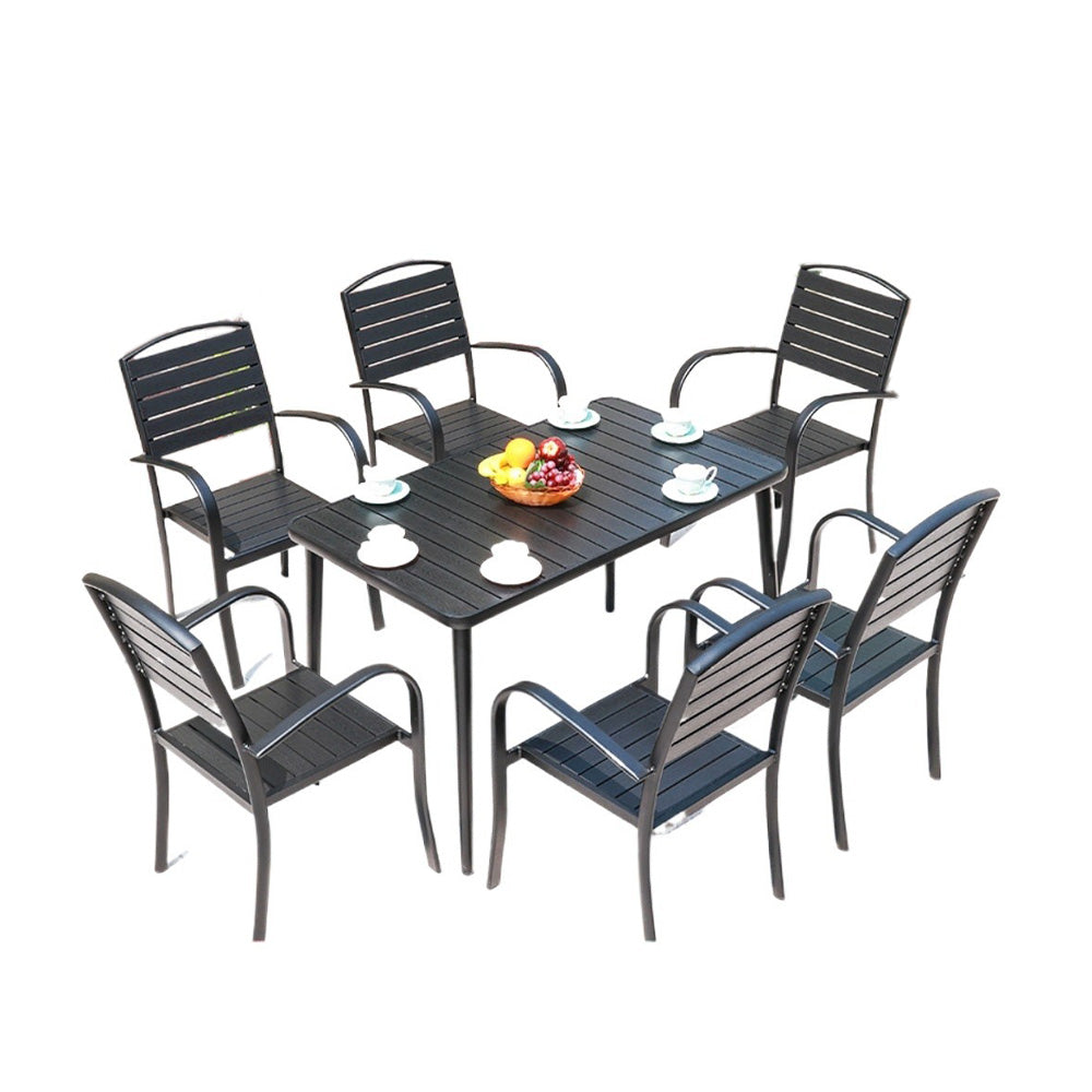 Homelements Leisure Outdoor Balcony Plastic Wood Table and Chairs Waterproof Sun-proof and Corrosion-resistant Tables and Chairs-6 Buck Chairs + 120cm Long Cone Long Table