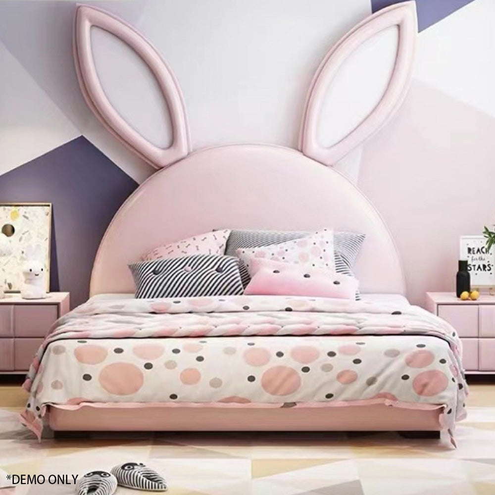 Homelements Modern Simple Rabbit Children's Bed Girl Princess Bed 1.2 Meters Storage Bedroom Leather Bed Boy Single Solid Wood Bed Modern Cartoon Wood Convertible Luxury Bed Room Furniture House Kids Classic Storage Twin Beds for Girls