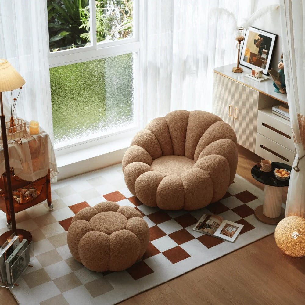 Linsay Lotus Toffee Boucle Armchair with Ottoman