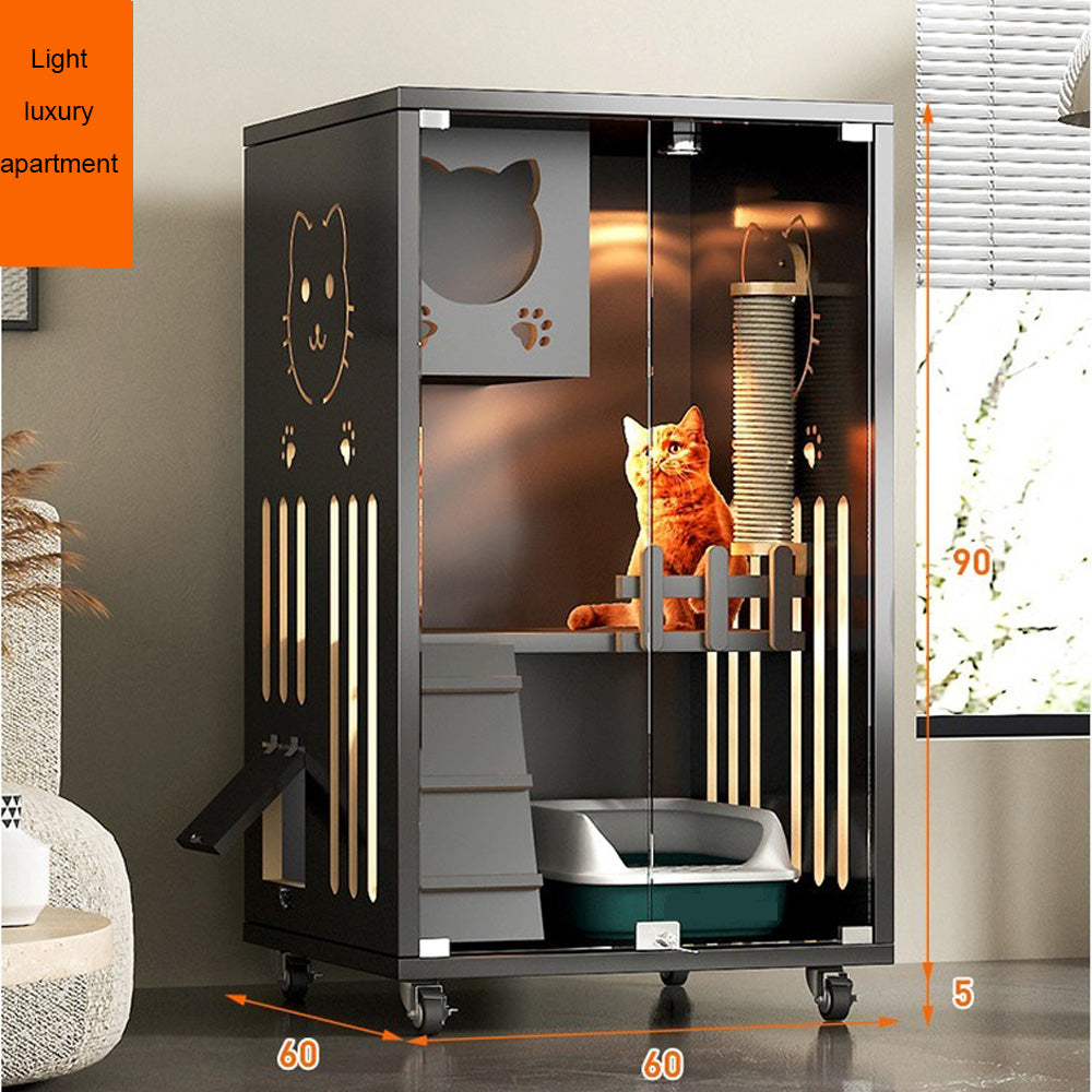 Homelements Solid Wood Luxury Wooden Cat Villa Cat House Home Indoor  Solid Wood Sisal  Post Cat Climbing Frame Cat Bridge Cat House Cat House Large Space Pet Cage Multi-Feature Enclosed Cat Condo Wooden Pet House Cat with Scratching Post Wheels