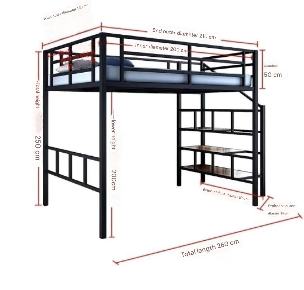 Elevated Upper and Lower Beds Small Apartment Pavilion Bed Saving Space Carbon Steel Shelf High and Low Double Simple and Modern