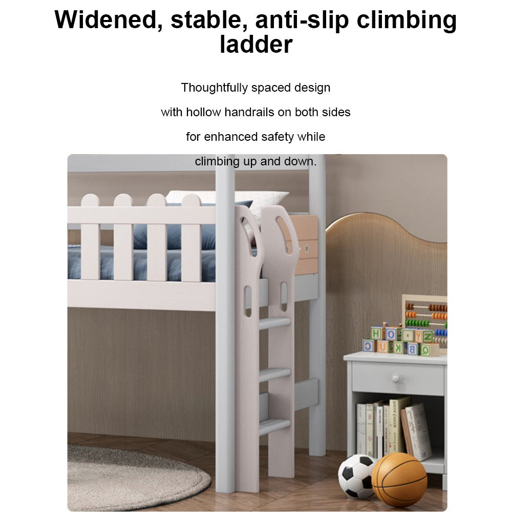 Homelements Full Solid Wood Kids' Mid-height Bed for Girls with Desk and Wardrobe in One Small Space Friendly Includes A Mid-high Treehouse Design