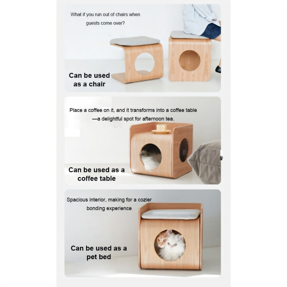 Homelements Solid Wood Cat Bed Coffee Table Minimalist and Versatile Detachable and Washable Pet Cat Bed Set with Storage Bedside Cabinet Pet Furniture Cat House Wooden Small To Medium Size Pet Bed