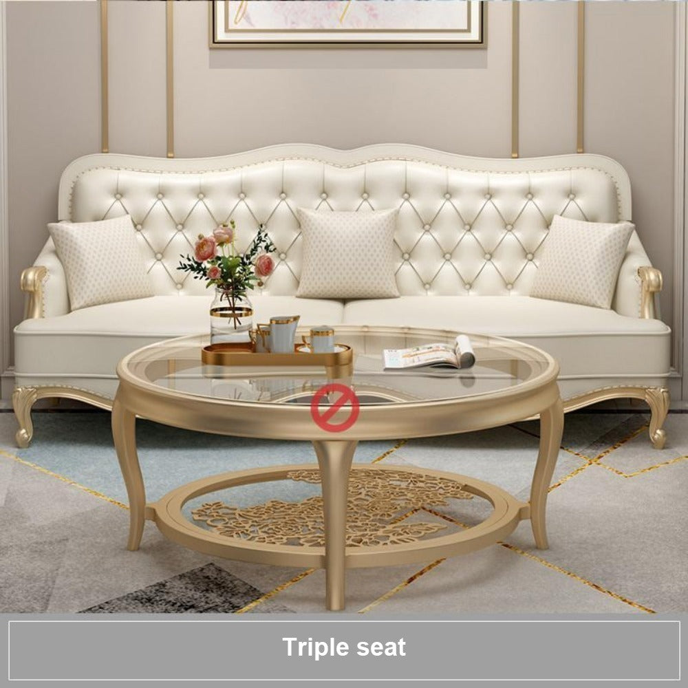 Homelements American Luxury Sofa Modern European Style with Gold Metal and Solid Wood Living Room Furniture 1+2+3 Seat Genuine Leather Sofa