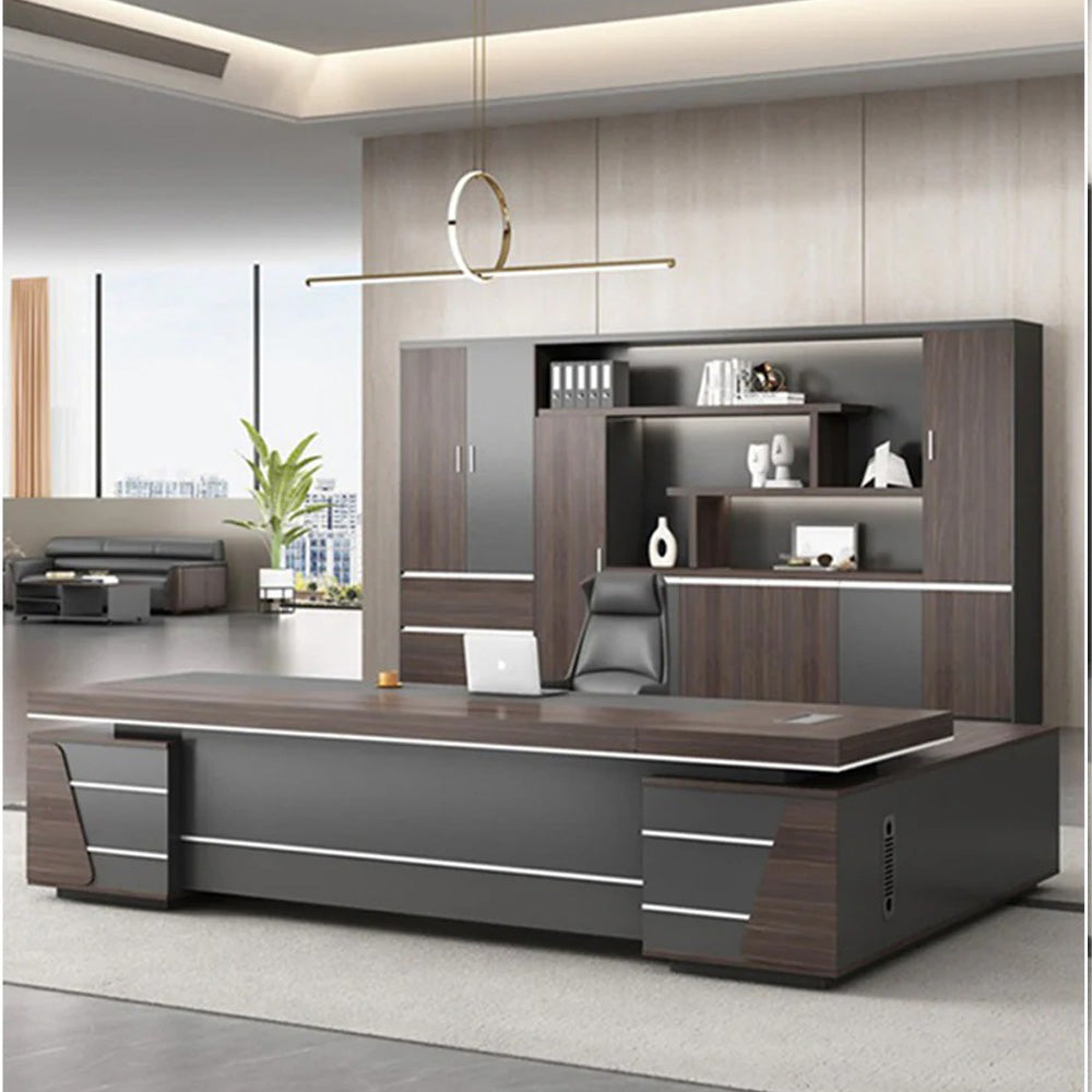 Homelements 2.4M L-Shape Contemporary Office Desk With Locking Drawer Executive Desk – Walnut&Brown