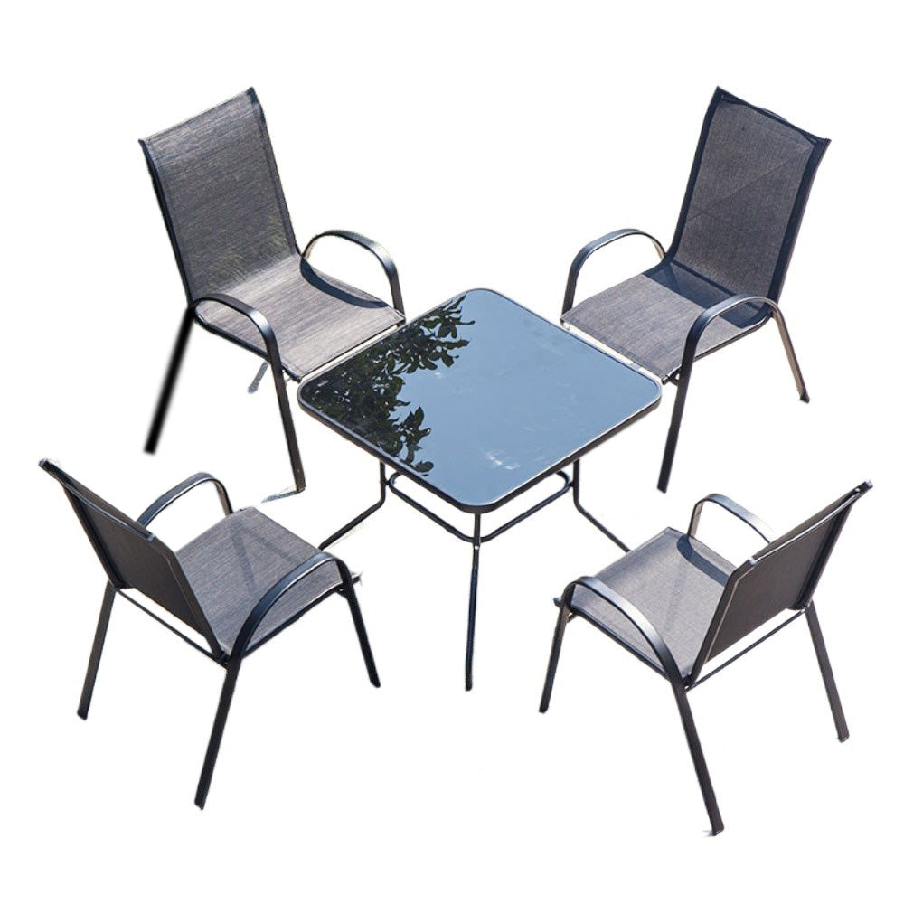 Homelements Outdoor Leisure Combination Square Table and Chairs Waterproof Sun-proof Anti-corrosion Garden Table and Chairs Tempered Glass Tabletop 4 Pieces of Textilene Mesh Chairs