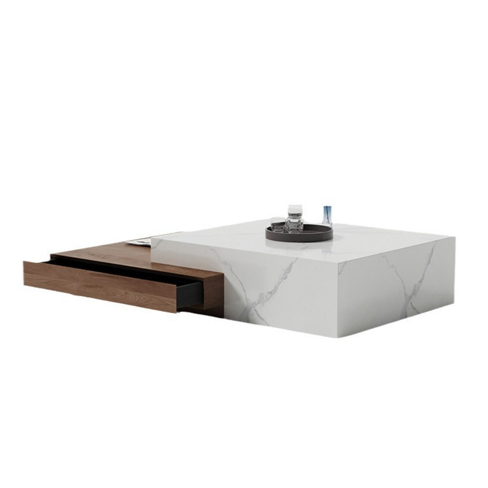 Homelements Square Stone Slab Coffee Table with Solid Wood Storage Cabinet Modern and Minimalist for Small Spaces Italian-style Light Luxury Living Room Furniture Set