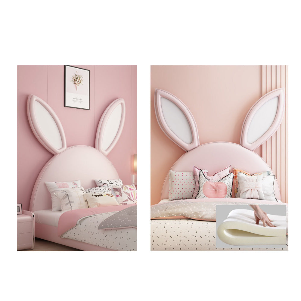 Homelements Modern Simple Rabbit Children's Bed Girl Princess Bed 1.2 Meters Storage Bedroom Leather Bed Boy Single Solid Wood Bed Modern Cartoon Wood Convertible Luxury Bed Room Furniture House Kids Classic Storage Twin Beds for Girls