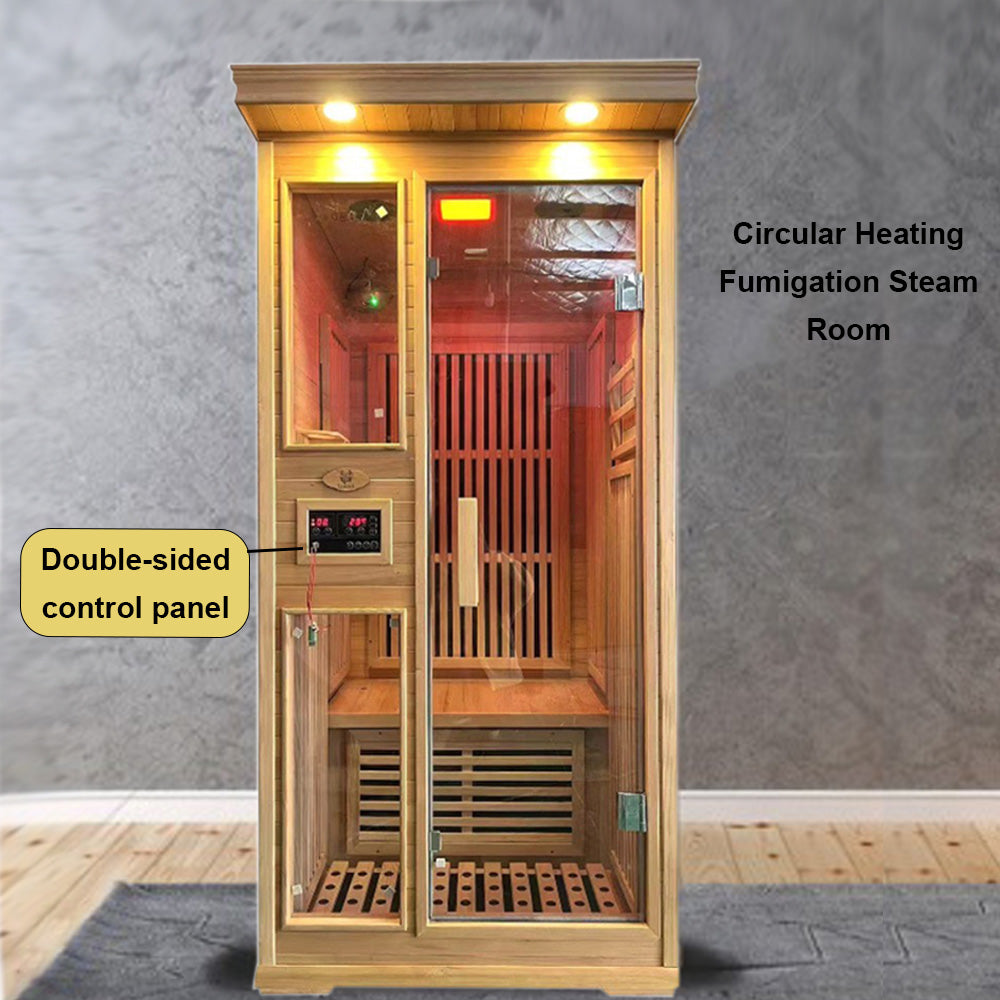 Homelements 1350W Hemlock Wood Single Person Sauna Room Round Sweat Steaming Room Home Adult Tourmaline Far Infrared Sweat Steaming Room Mobile Sweat Steaming Box