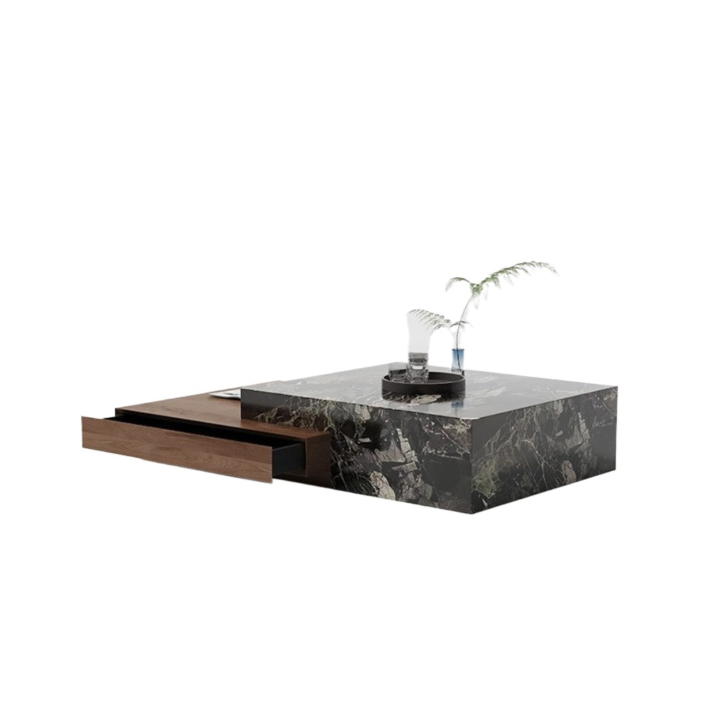 Homelements Square Stone Slab Coffee Table with Solid Wood Storage Cabinet Modern and Minimalist for Small Spaces Italian-style Light Luxury Living Room Furniture Set