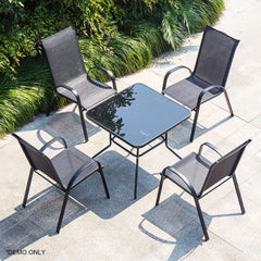 Homelements Outdoor Leisure Combination Square Table and Chairs Waterproof Sun-proof Anti-corrosion Garden Table and Chairs Tempered Glass Tabletop 4 Pieces of Textilene Mesh Chairs