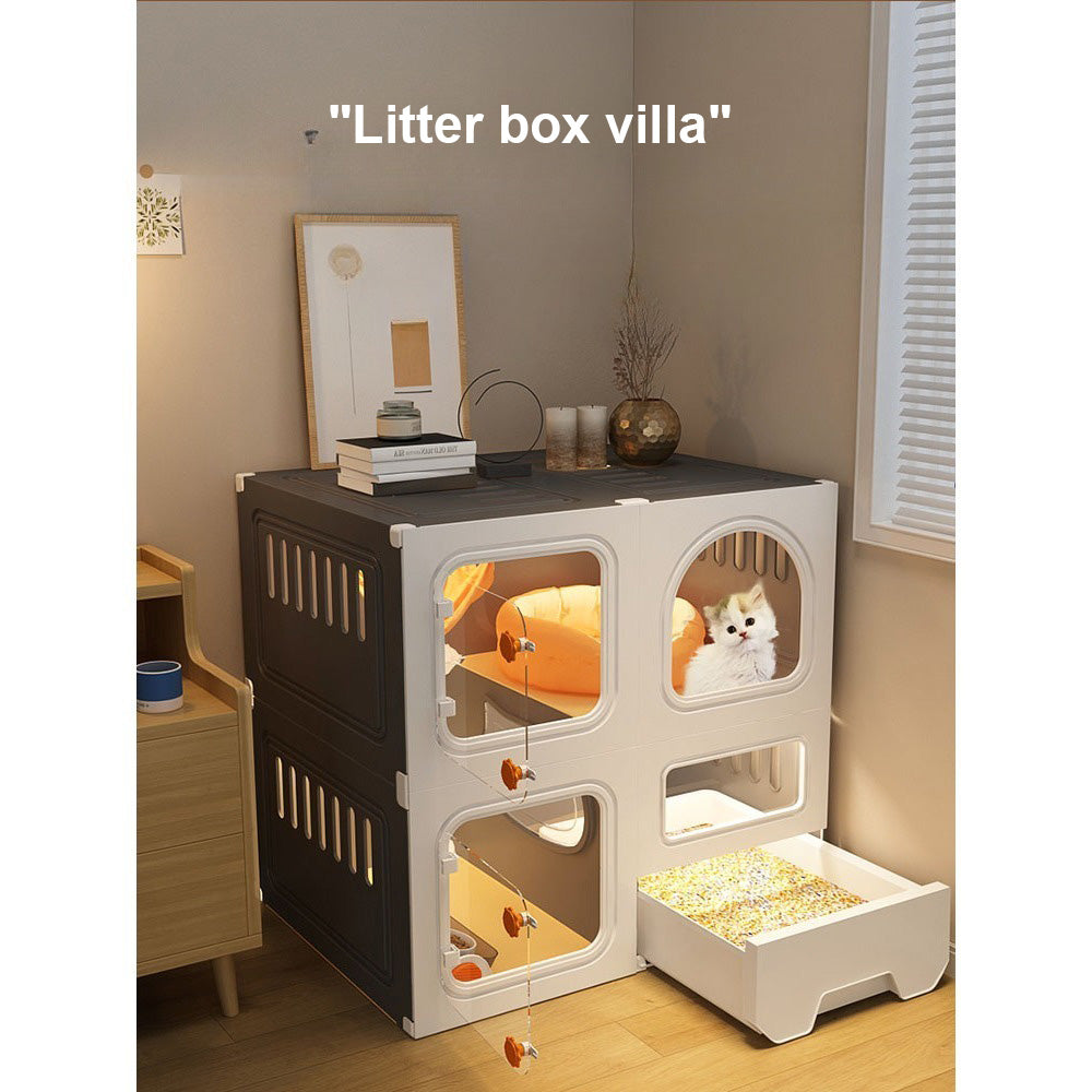 Homelements Cat Villa with Litter Box Integrated Home Indoor Pet Cage Cat Fence  Cat Tree  and Cat Toilet in One  Small-sized  Space-saving Cat Cabinet