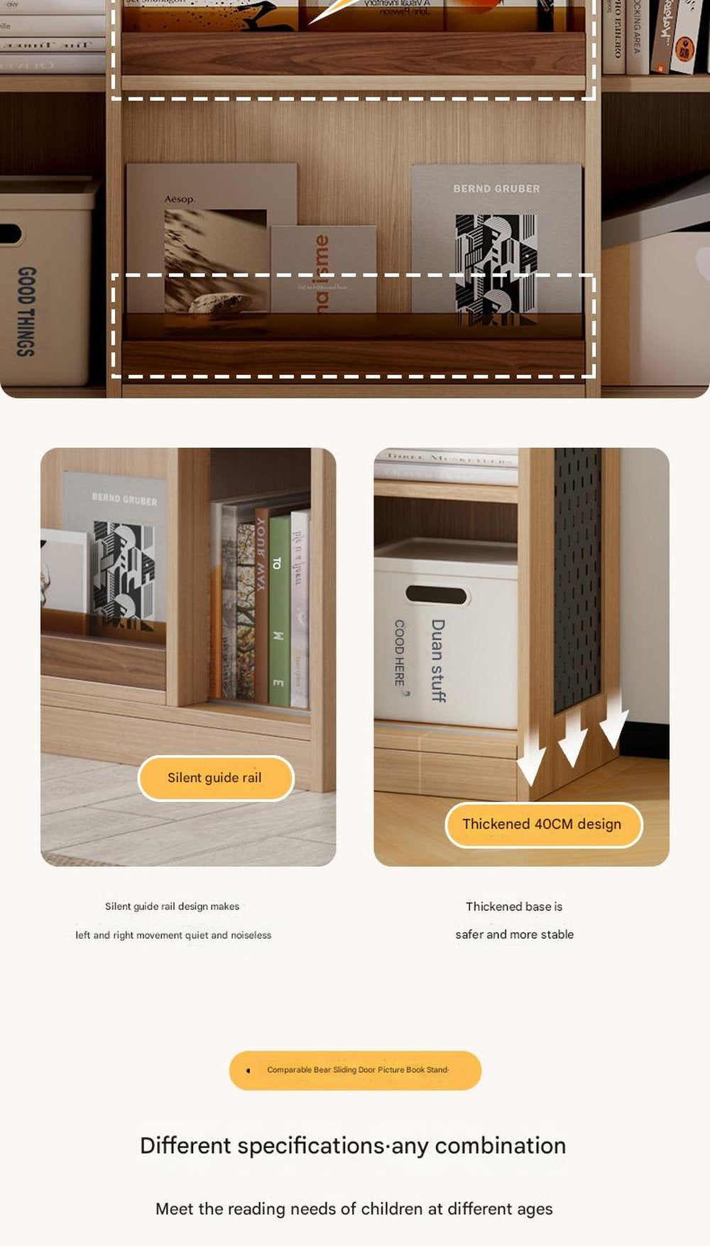 Children's Bookshelf Solid Wood Picture Book Shelf Floor Shelf Baby Reading Area Multifunctional Sliding Door Bookcase