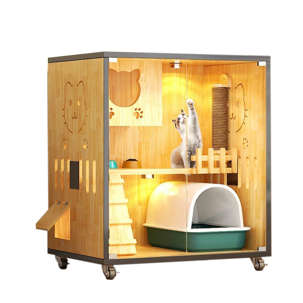 Homelements Solid Wood Luxury Wooden Cat Villa Cat House Home Indoor  Solid Wood Sisal  Post Cat Climbing Frame Cat Bridge Cat House Cat House Large Space Pet Cage Multi-Feature Enclosed Cat Condo Wooden Pet House Cat with Scratching Post Wheels