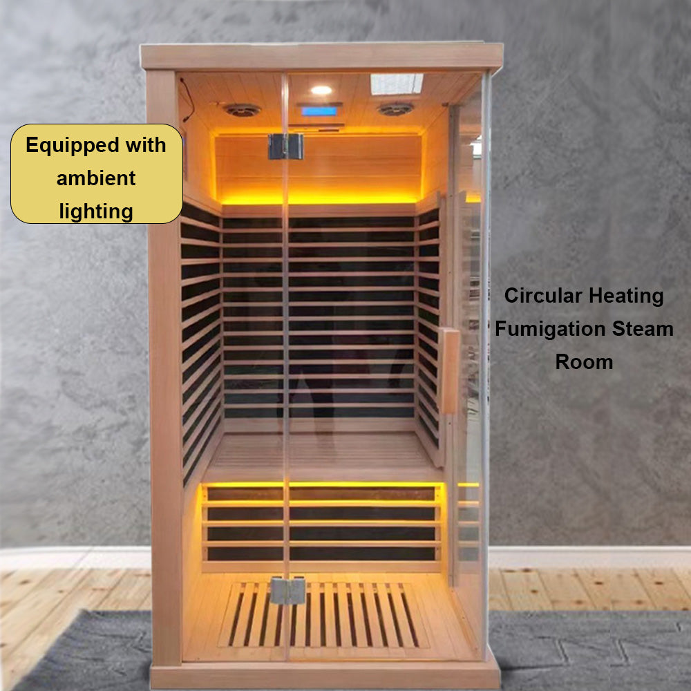 Homelements1450W Hemlock Wood Home Sauna Room Far Infrared Sweat Steaming Room Single Sweat Steaming Room Steam Machine Beauty Salon Fumigation Sweat Bath Box Mobile Sweat Steaming Room