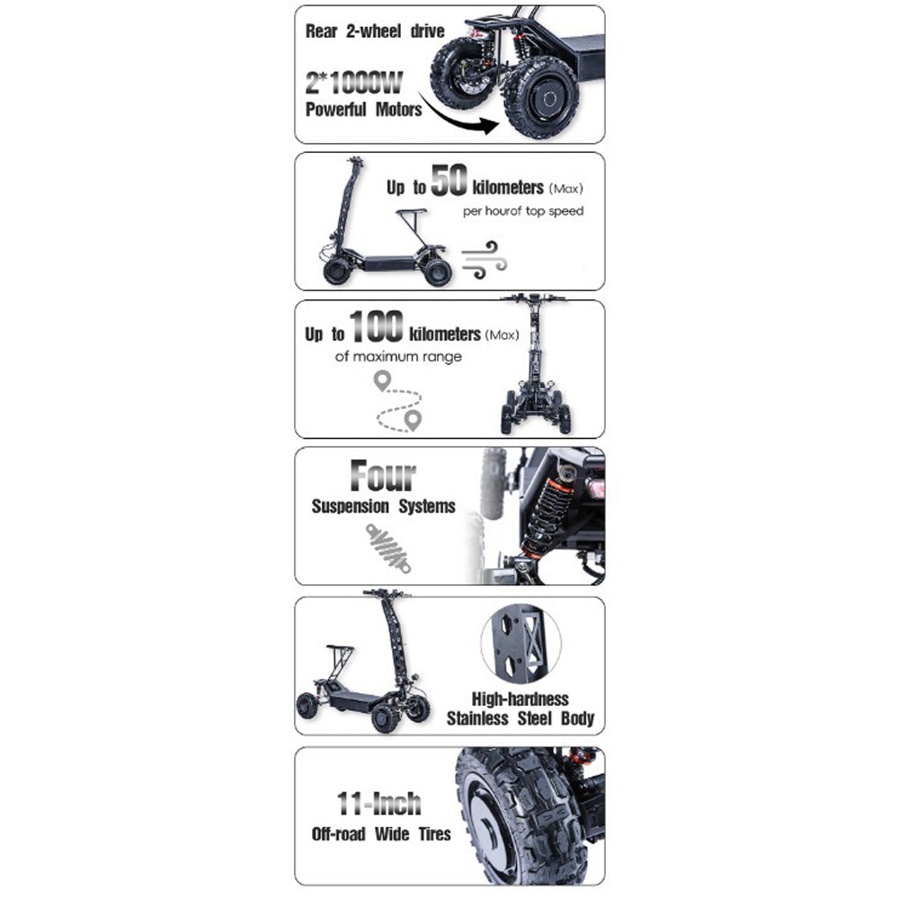 Sport Studio 11 Inches Foldable  Outdoor  Multifunction Country Crossing E-scooter with 4 Wheels - MINI -48V-1000W*2-48V-20AH-lithium Battery