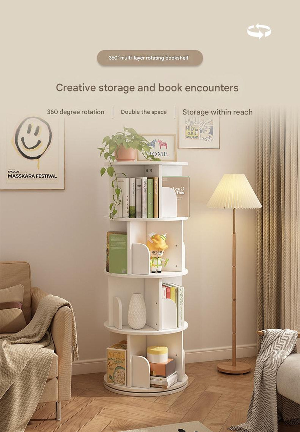 Rotating Bookshelf 360-degree Bookcase Round Vertical Floor Bookshelf Household Space Saving