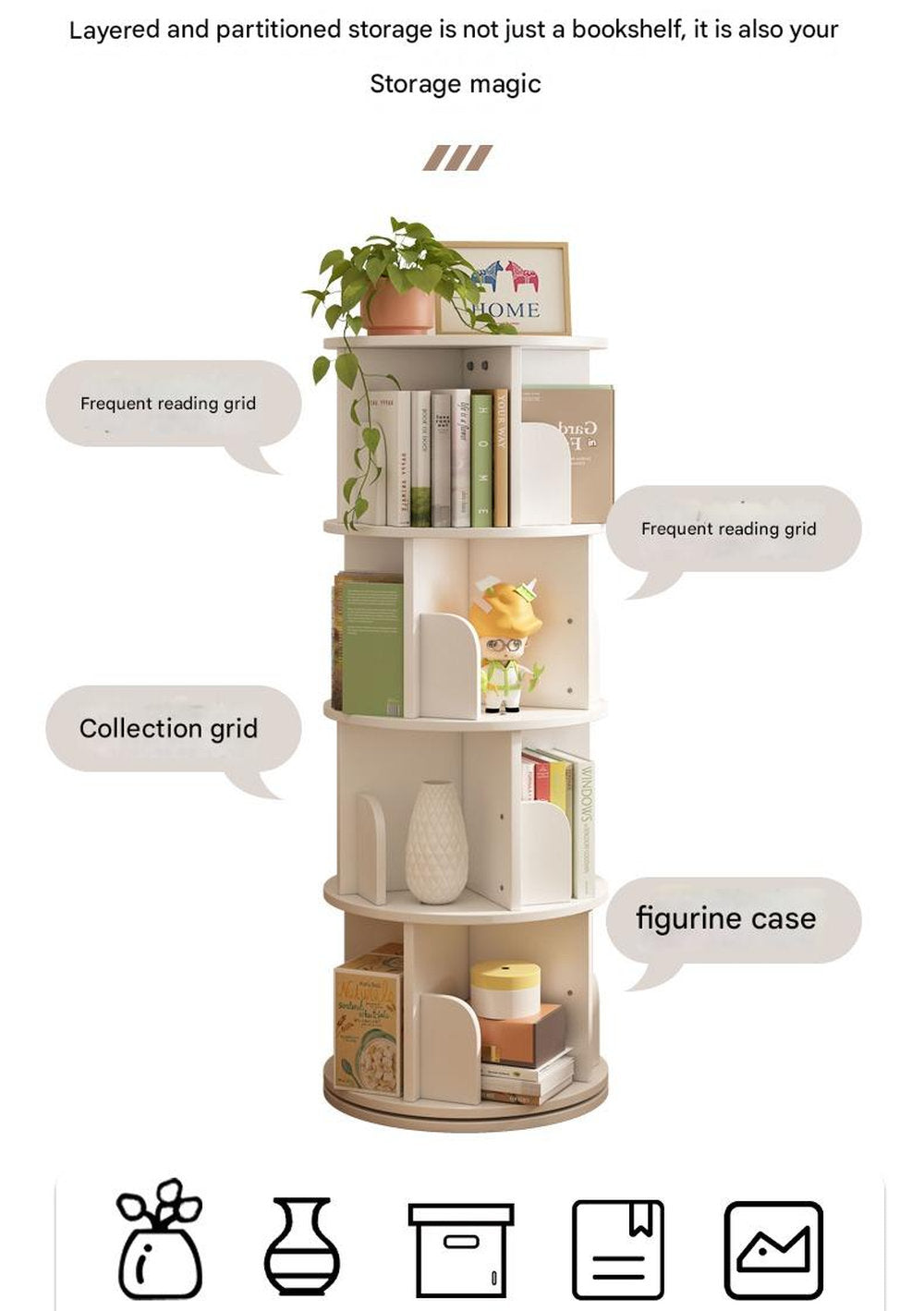 Rotating Bookshelf 360-degree Bookcase Round Vertical Floor Bookshelf Household Space Saving