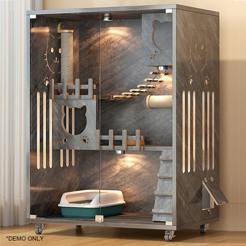 Homelements Solid Wood Luxury Wooden Cat Villa Cat House Home Indoor  Solid Wood Sisal  Post Cat Climbing Frame Cat Bridge Cat House Cat House Large Space Pet Cage Multi-Feature Enclosed Cat Condo Wooden Pet House Cat with Scratching Post Wheels