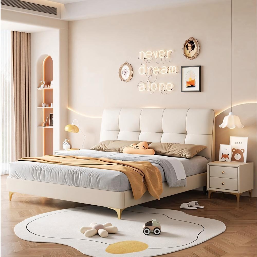 Homelements Cream Style Children's Bed 1.5 Meters and 1.8 Meters Boys and Girls Princess Soft Bed Master Bedroom Modern Simple Solid Wood Lift Bed with Storage Space