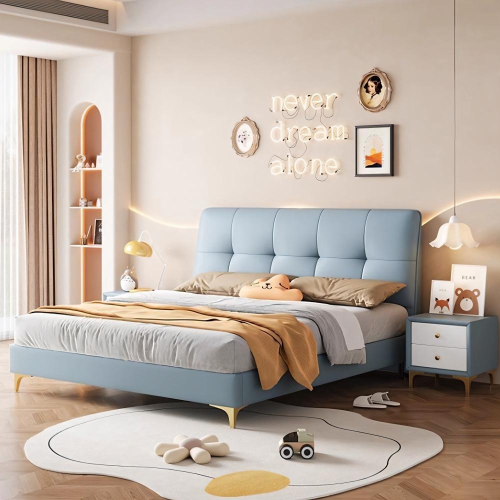 Homelements Cream Style Children's Bed 1.5 Meters and 1.8 Meters Boys and Girls Princess Soft Bed Master Bedroom Modern Simple Solid Wood Frame Bed