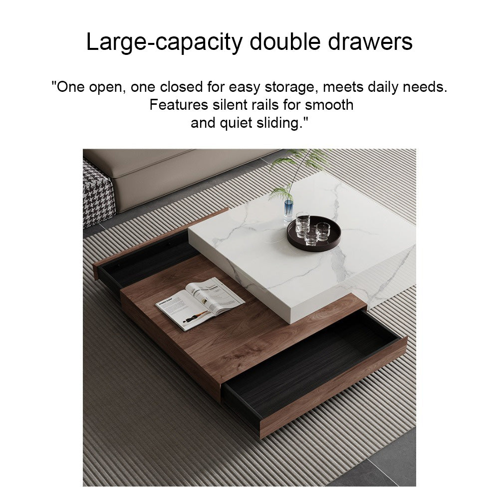 Homelements Square Stone Slab Coffee Table with Solid Wood Storage Cabinet Modern and Minimalist for Small Spaces Italian-style Light Luxury Living Room Furniture Set