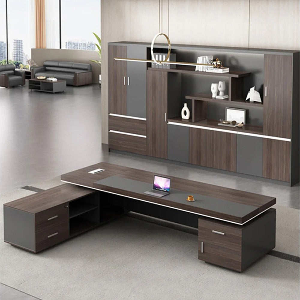 Homelements 2.4M L-Shape Contemporary Office Desk With Locking Drawer Executive Desk – Walnut&Brown