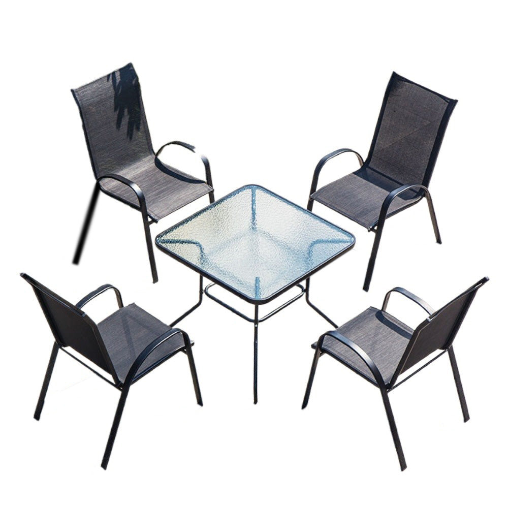 Homelements Outdoor Leisure Combination Square Table and Chairs Waterproof Sun-proof Anti-corrosion Garden Table and Chairs Water Ripple Tabletop 4 Pieces of Textilene Mesh Chairs