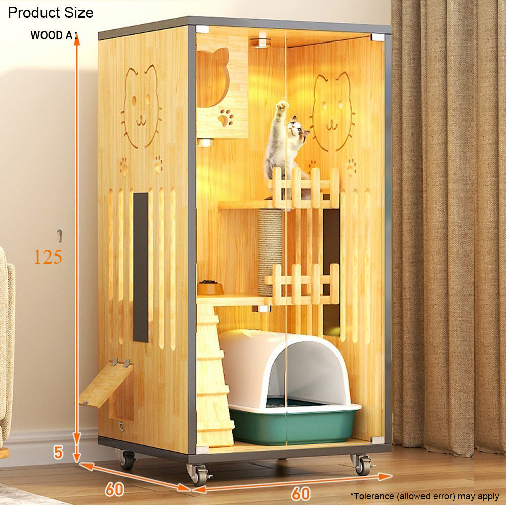 Homelements Solid Wood Luxury Wooden Cat Villa Cat House Home Indoor  Solid Wood Sisal  Post Cat Climbing Frame Cat Bridge Cat House Cat House Large Space Pet Cage Multi-Feature Enclosed Cat Condo Wooden Pet House Cat with Scratching Post Wheels