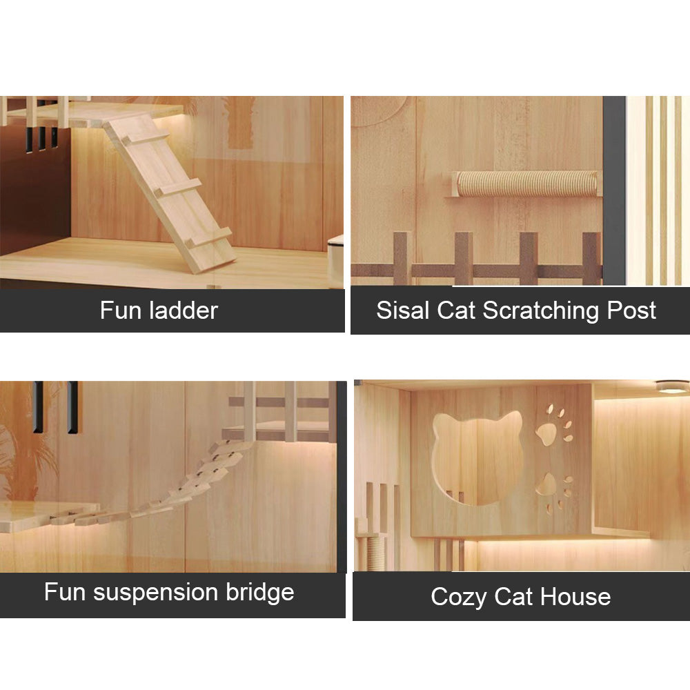 Homelements Luxury Wooden Cat House Cat Villa Cat Bridge Cat Scratching Board Cat Scratching Board Cat Stair Apartment House Multi-size Cat Delivery Room Pet Labor Room Waterproof Wooden Indoor Outdoor Pet House Cage Shelter Home
