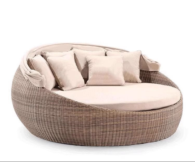 Outdoor PE Rattan Lounge Chair Bed Garden Swimming Pool Lounge Chair with Canopy, Lazy Person, Large Round Bed, Lounge Chair