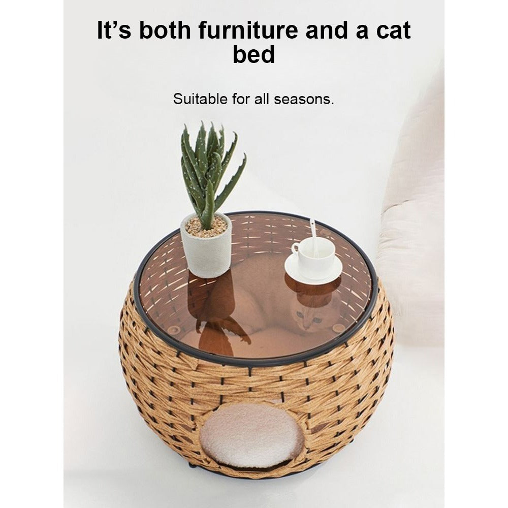 Homelements Wicker Cat Bed and Coffee Table Combo Washable Pet House for Cats and Dogs Semi-enclosed Cat Crate Shared Furniture for Cats and Dogs Versatile Cat and Dog Bed