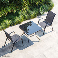 Homelements Outdoor Leisure Combination Table and Chairs Waterproof Sun-proof Anti-corrosion Garden Table and Chairs Tempered Glass Tabletop 2 Textilene Mesh Chairs