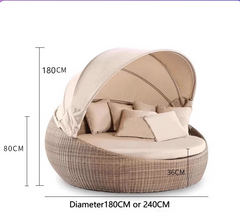 Outdoor PE Rattan Lounge Chair Bed Garden Swimming Pool Lounge Chair with Canopy, Lazy Person, Large Round Bed, Lounge Chair