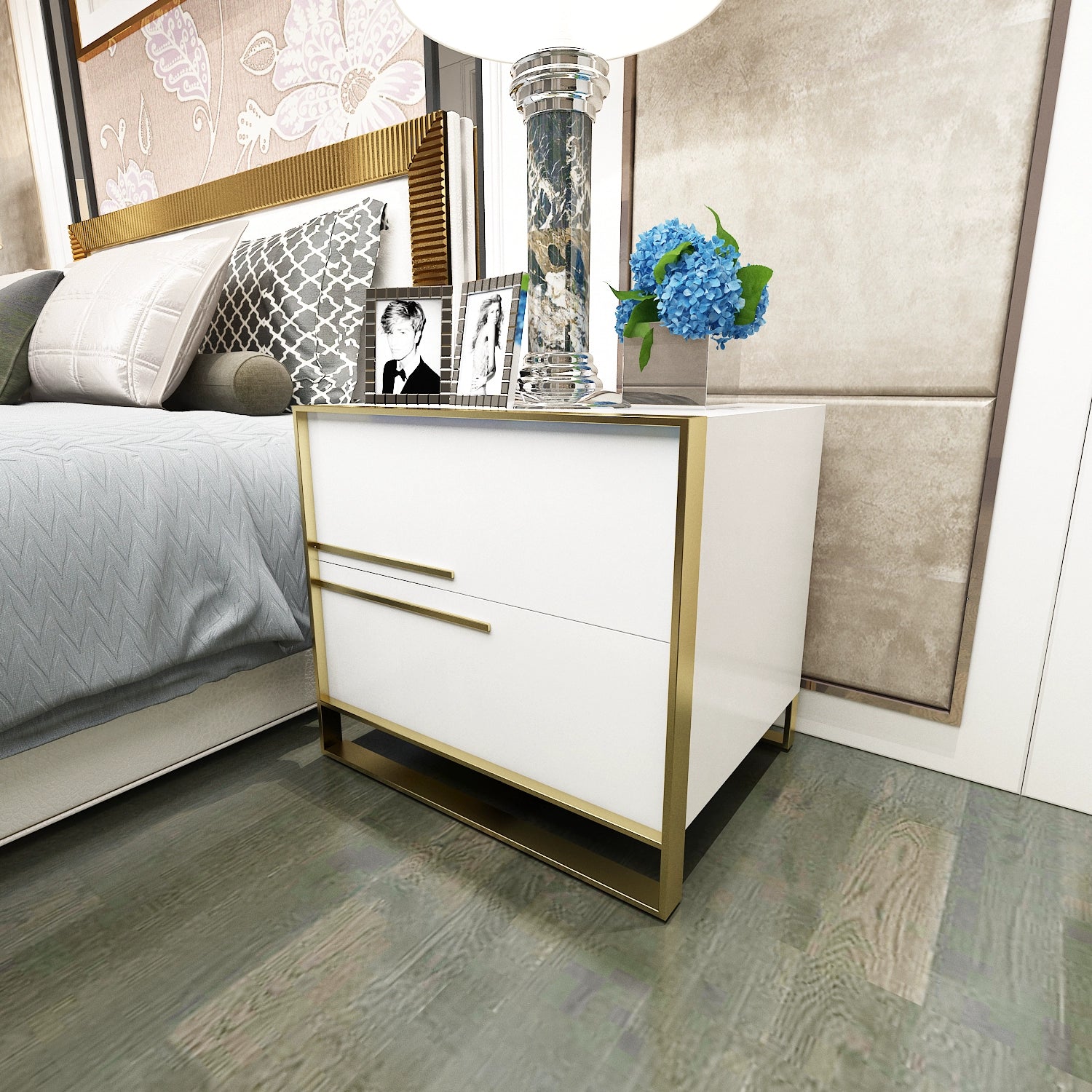 Factory Customization Baking Paint Bedside Table 2 Drawers Movable Nightstand