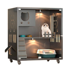 Homelements Solid Wood Luxury Wooden Cat Villa Cat House Home Indoor  Solid Wood Sisal  Post Cat Climbing Frame Cat Bridge Cat House Cat House Large Space Pet Cage Multi-Feature Enclosed Cat Condo Wooden Pet House Cat with Scratching Post Wheels