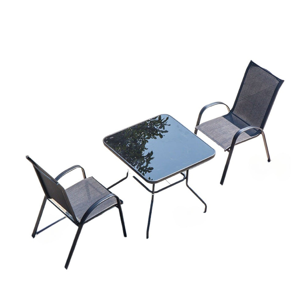 Homelements Outdoor Leisure Combination Table and Chairs Waterproof Sun-proof Anti-corrosion Garden Table and Chairs Tempered Glass Tabletop 2 Textilene Mesh Chairs